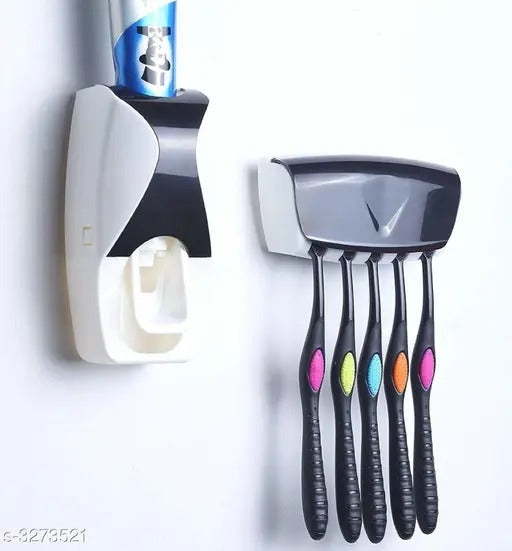 Fancy Toothpaste Holder with Manual Dispenser for Bathroom | Wall-Mounted Toothbrush Organizer