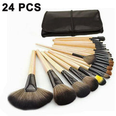 24pcs Professional Makeup Brush Set with Wooden Handles & Leather Pouch | Soft Synthetic Bristles for Face & Eye Makeup | Complete Cosmetic Brush Kit