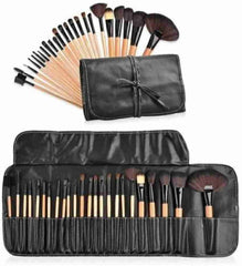 24pcs Professional Makeup Brush Set with Wooden Handles & Leather Pouch | Soft Synthetic Bristles for Face & Eye Makeup | Complete Cosmetic Brush Kit