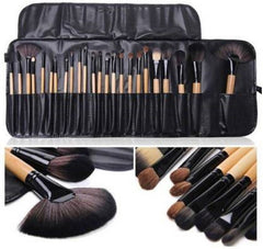 24pcs Professional Makeup Brush Set with Wooden Handles & Leather Pouch | Soft Synthetic Bristles for Face & Eye Makeup | Complete Cosmetic Brush Kit