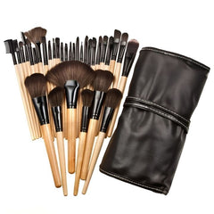 24pcs Professional Makeup Brush Set with Wooden Handles & Leather Pouch | Soft Synthetic Bristles for Face & Eye Makeup | Complete Cosmetic Brush Kit