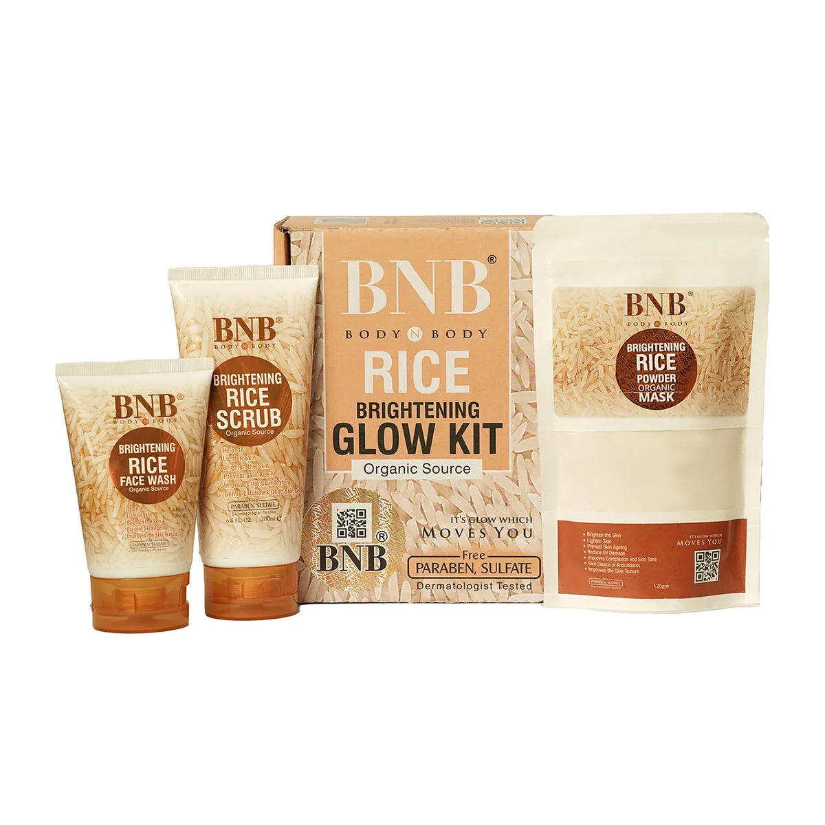 BNB Rice Extract Bright & Glow Kit – Rice Face Wash, Scrub & Mask for Radiant Skin